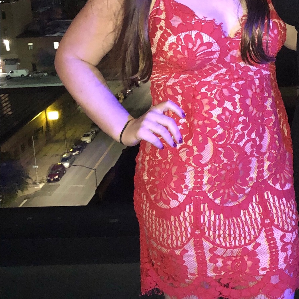Red and nude lace cocktail dress